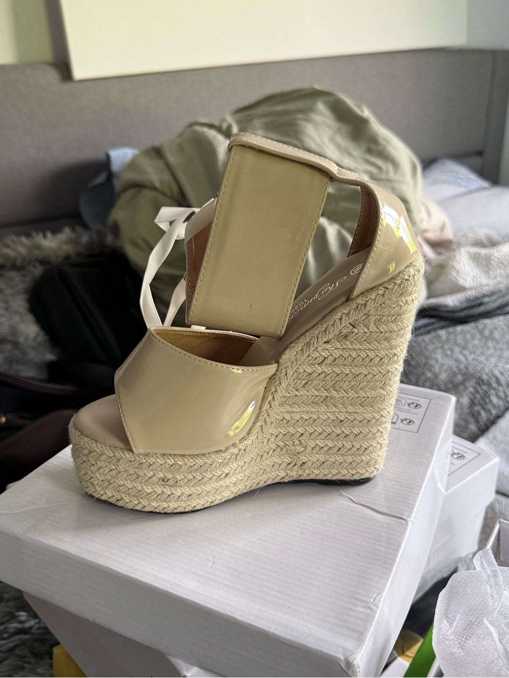 SHEIN Beige Patent Espadrille Wedge Sandals